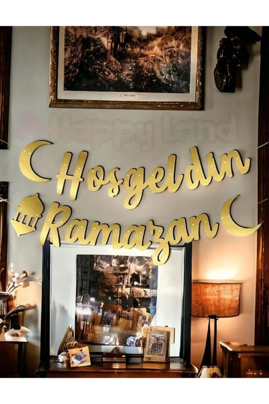 HappylandHoşgeldin Ramazan Yazılı Kaligrafi Banner Gold 200x30cm Ramazan Bayramı AltınRenginde Yazı