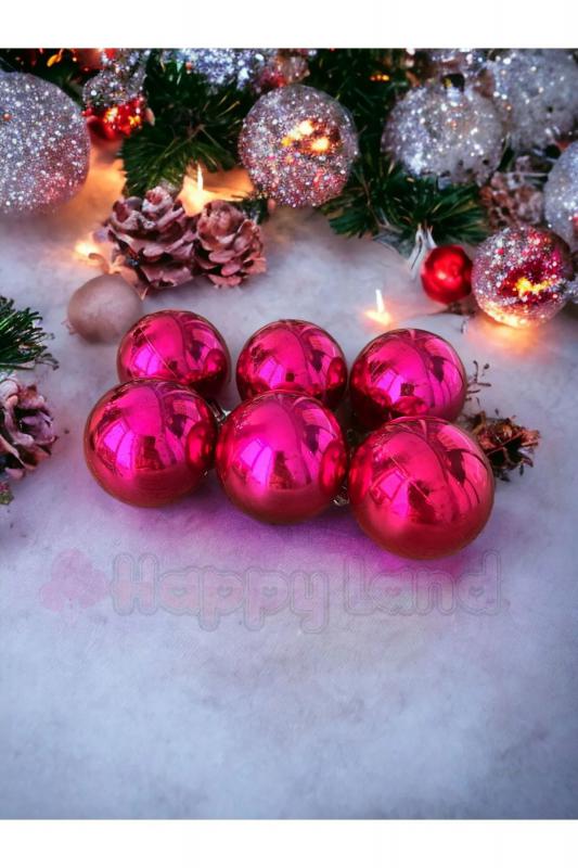 Happyland Yılbaşı Çam Ağacı Süsü 6 cm Parlak Fuşya Renk Toplar 6 Adet Yılbaşı Topları
