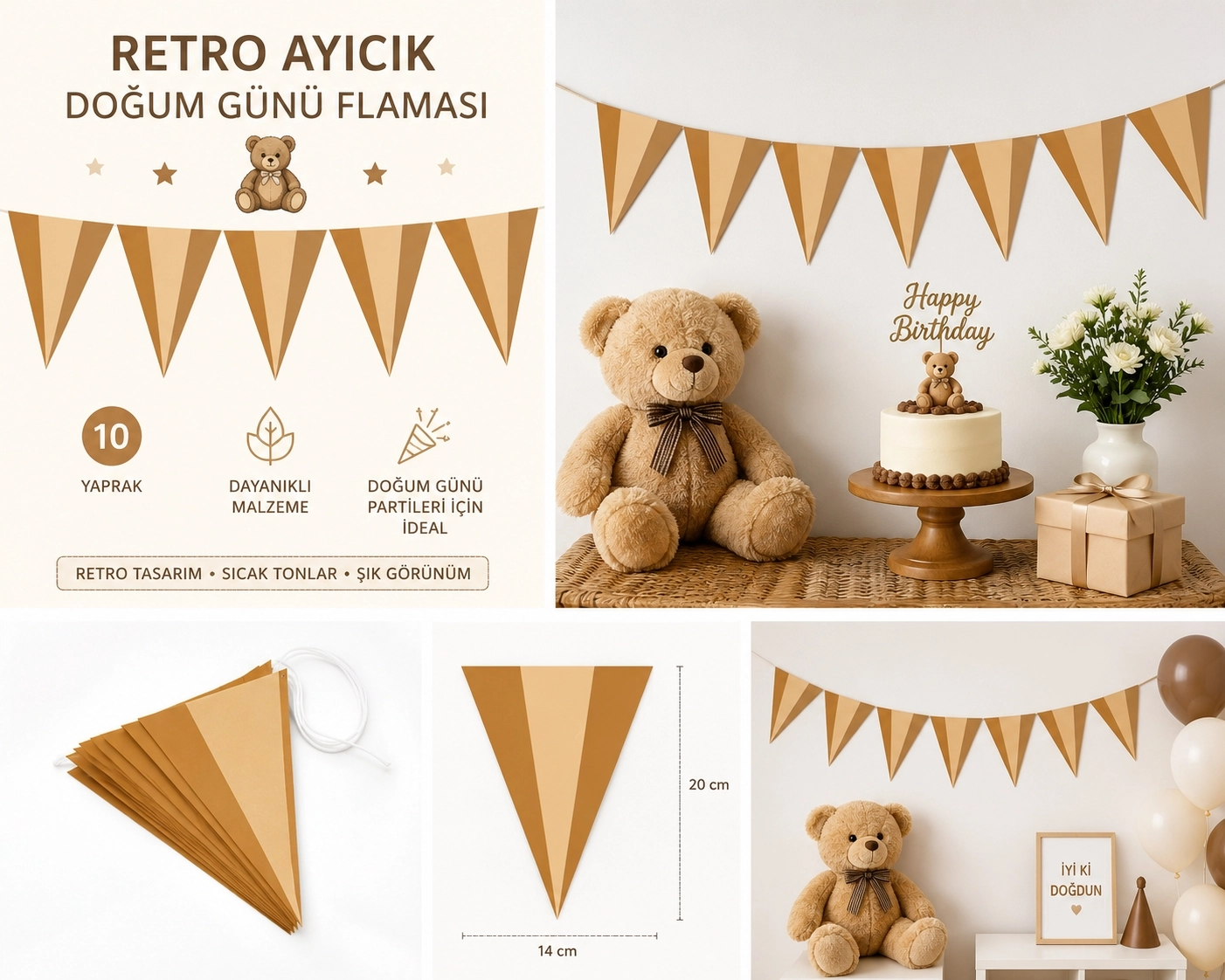 Happyland Retro Flama ( Kahve ) Retro Konsept Doğum Günü Flaması Doğum Günü Süsleri