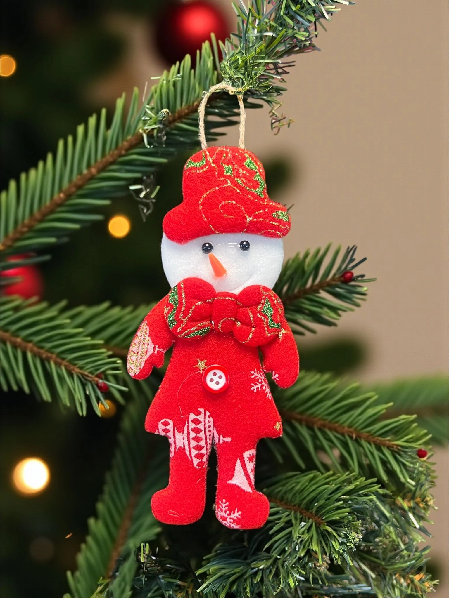 Happyland Yılbaşı Çam Ağacı Süsü Kardanadam Peluş Kırmızı Papyonlu Model Asma Süs 17 cm Noel Dekor