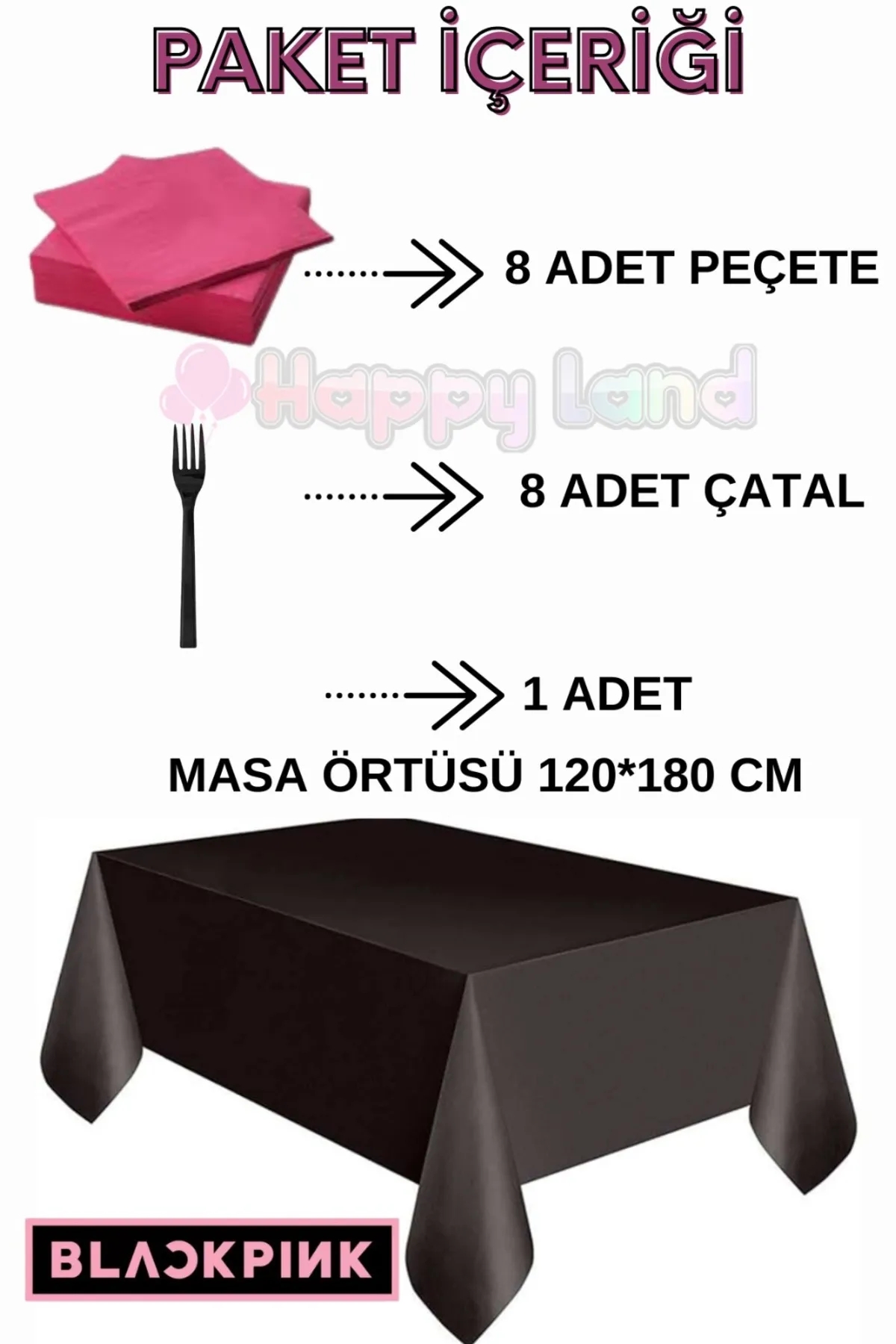 Happyland Black Pink 8 Kişilik Happy Set Doğum Günü Seti Black Pink Parti Malzemeleri Seti