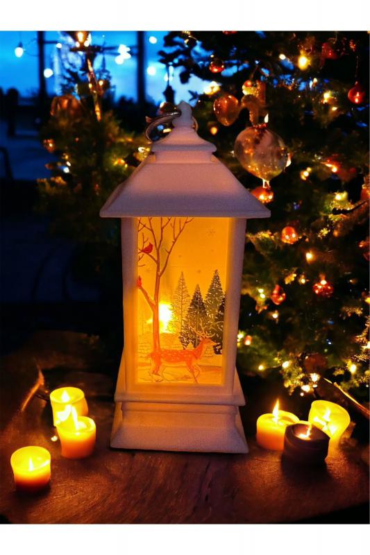 Happyland Yılbaşı Fener Noel Baba Yılbaşı Temalı Led Titreyen Mumlu Mini Fener Asma Kulplu Beyaz