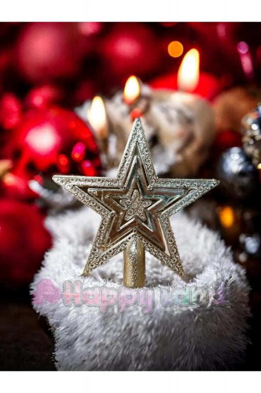 Happyland Yılbaşı Ağacı Süsü Gümüş Renk Mini Tepe Yıldızı 10 Cm Yılbaşı Çam Ağacı Tepe Yıldızı Mini süs