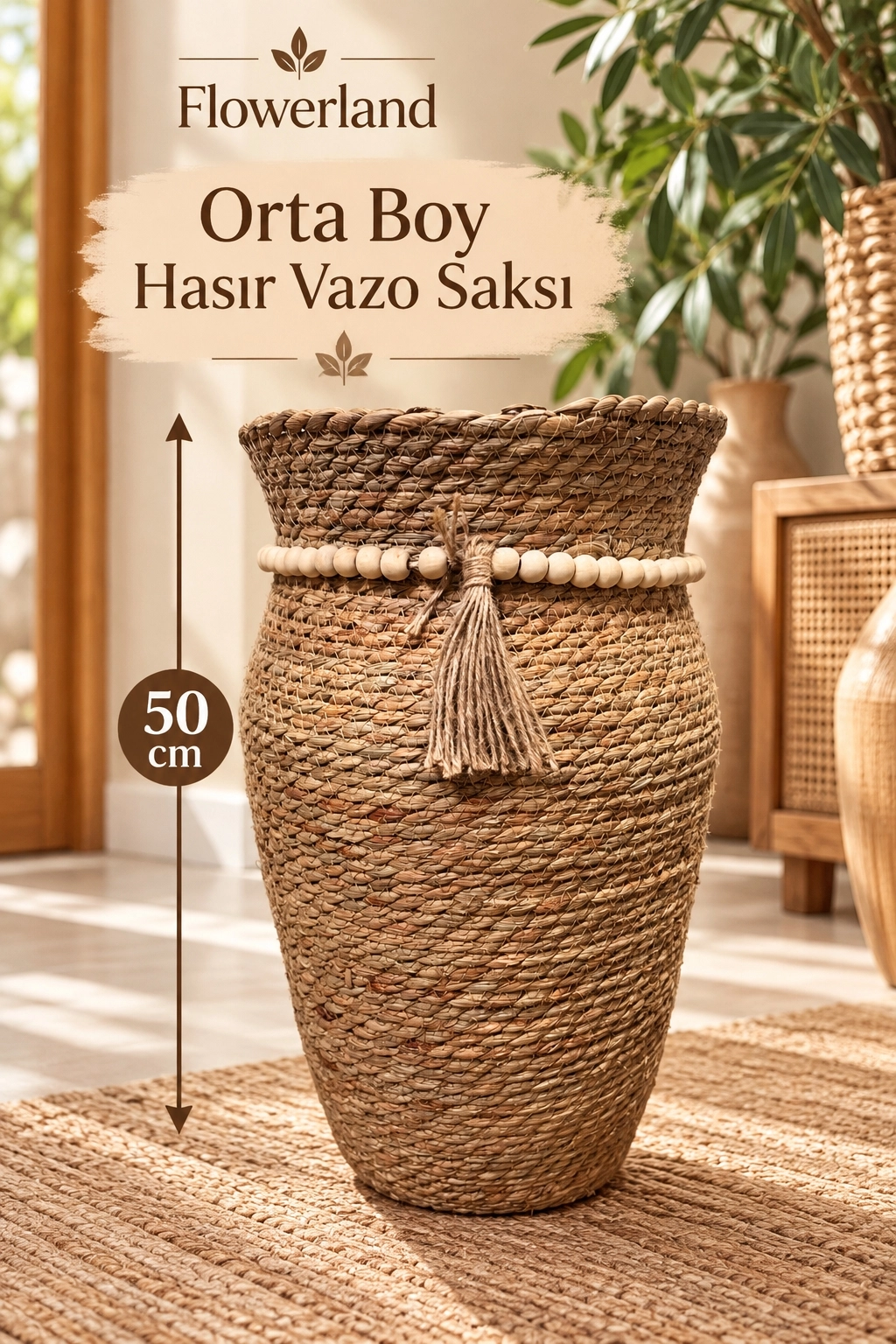 Hasır Örgü Dekoratif Saksı 1 Adet Orta Boy Vazo Saksı 50 cm BM38 Bohem Boncuk ve Püskül Detaylı Doğal