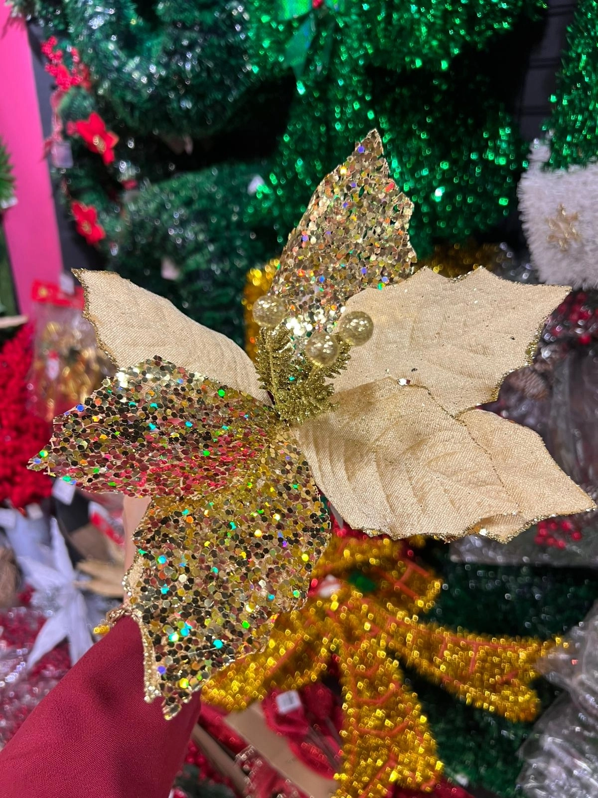 Happyland Yılbaşı Ağacı Süsü Gold Simli Ponsetya Çiçek 28 CM