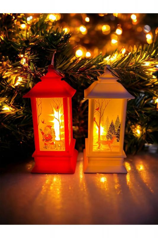 Happyland Fener Noel Baba&Geyik Yılbaşı Temalı Led Titreyen Mumlu Mini Fenerler 2 Adet Kırmızı-Beyaz fener