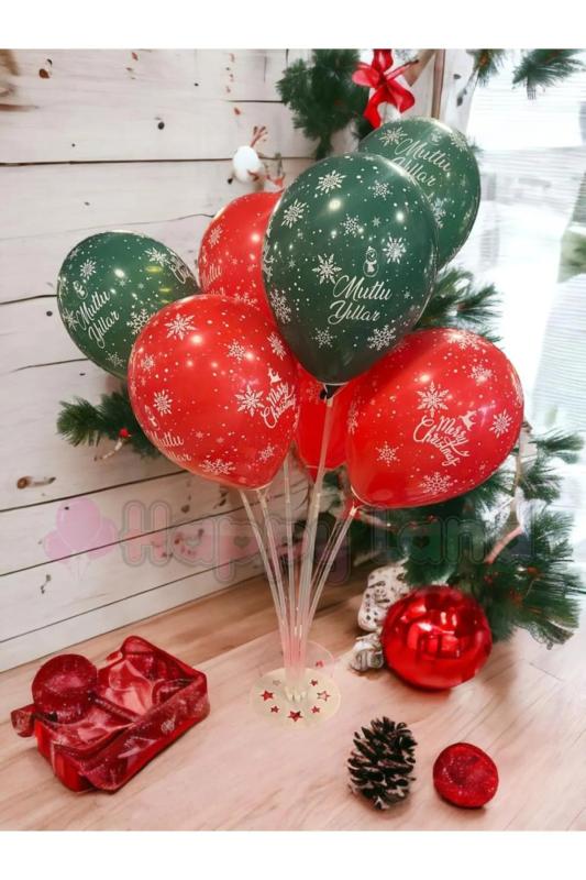 Happyland Yılbaşı Balon Seti 7’li Balon Standı +7 Adet Kırmızı Yeşil Baskılı Yılbaşı Balonu