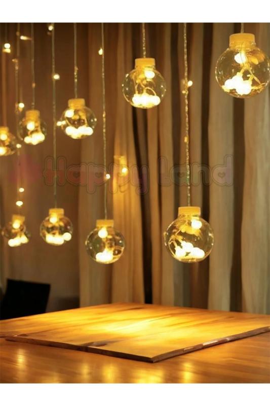Happyland Dekoratif Led Işıklı Top Perde Led Animasyonlu Küre Toplu AmpulPerde LedFişli 3Mt Günışığı