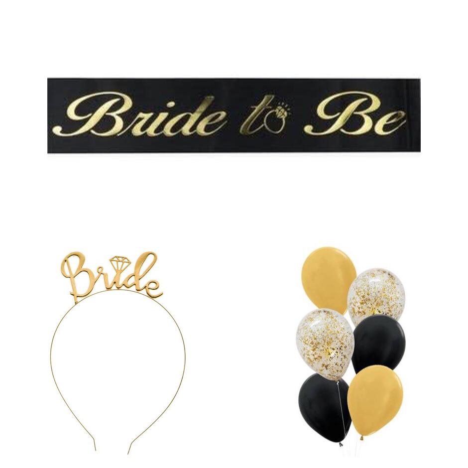 Happyland Bride To Be Bekarlığa Veda Siyah Gold Taç Kuşak Balon 3’lü Set