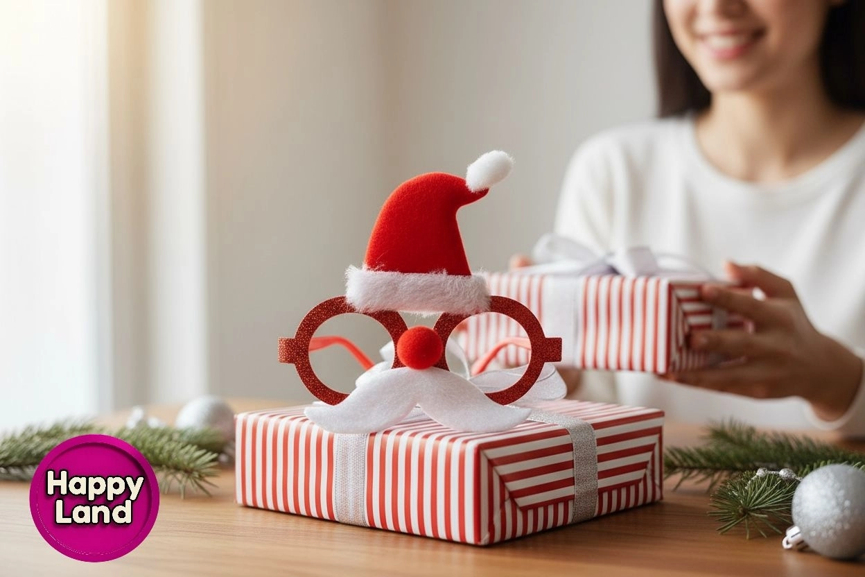   Yılbaşı Gözlüğü NoelBaba Şapkası Detaylı BıyıklıSimli Camsız YeniYıl GözlükAksesuar