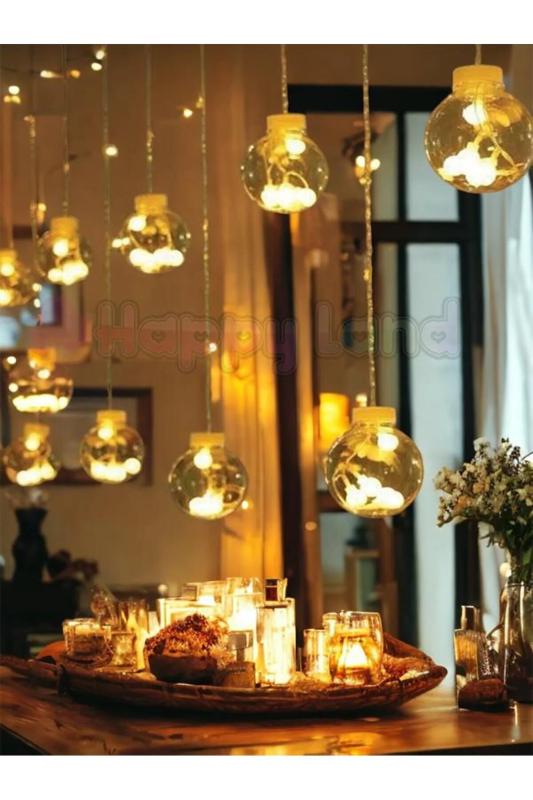 Happyland Dekoratif Led Işıklı Top Perde Led Animasyonlu Küre Toplu AmpulPerde LedFişli 3Mt Günışığı