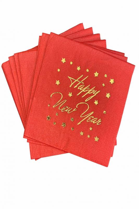 Happyland Yılbaşı Dekorasyon Varaklı Kırmızı Peçete Noel Peçetesi 16 Adet Yılbaşı Peçetesi