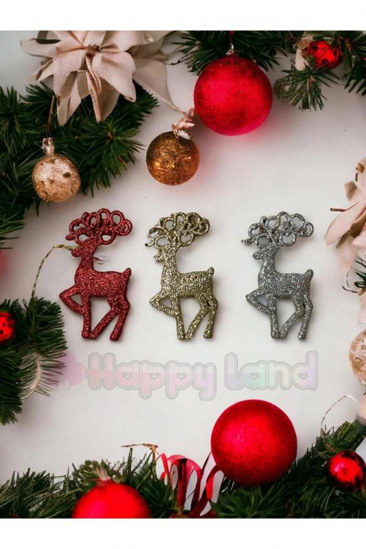 Happyland Yılbaşı Çam Ağacı Süsü 3 ADET Geyik Süs Simli Kırmızı,Gold,Gümüş 3 Renk Geyik Yılbaşı Süs