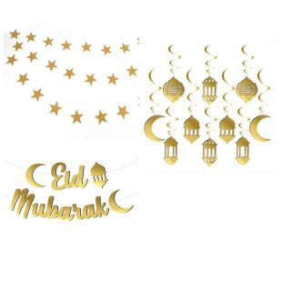Happyland Ramazan Ayı süs setleri 3 lü set 4m yıldız & Eid Mubarak yazı ve 10 lu 3 d yay süs
