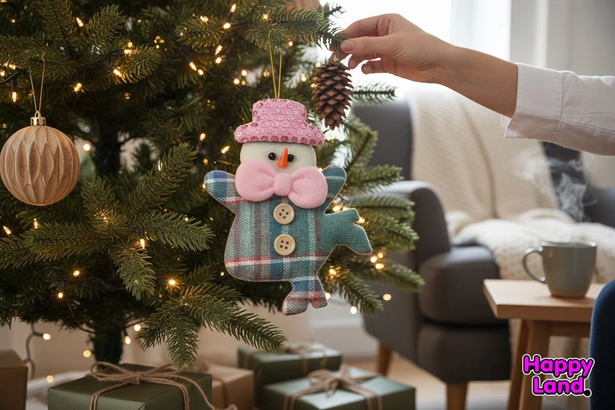 Happyland Yılbaşı Ağacı Süsü Kardanadam Düğmeli Makaron Yeşil Renk Asma Süs 15cm Noel Dekor HPY26045