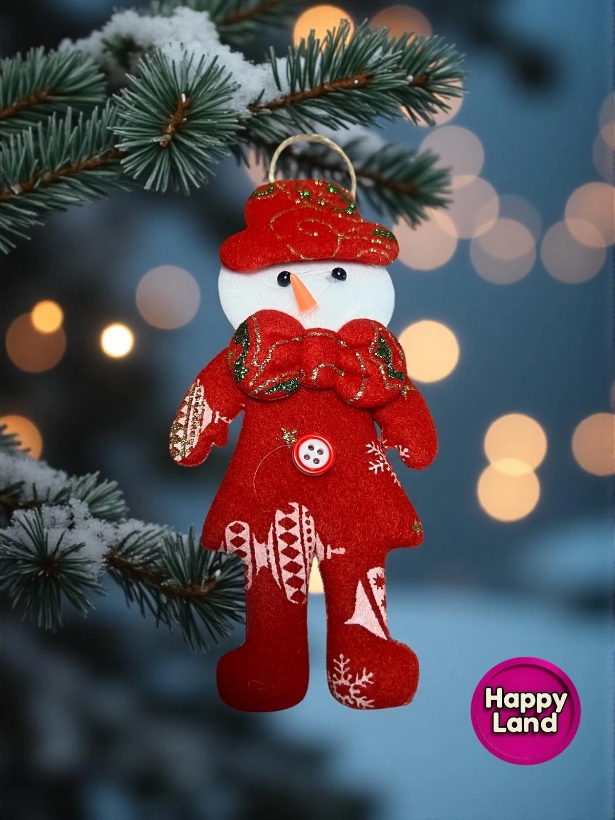 Happyland Yılbaşı Çam Ağacı Süsü Kardanadam Peluş Kırmızı Papyonlu Model Asma Süs 17 cm Noel Dekor