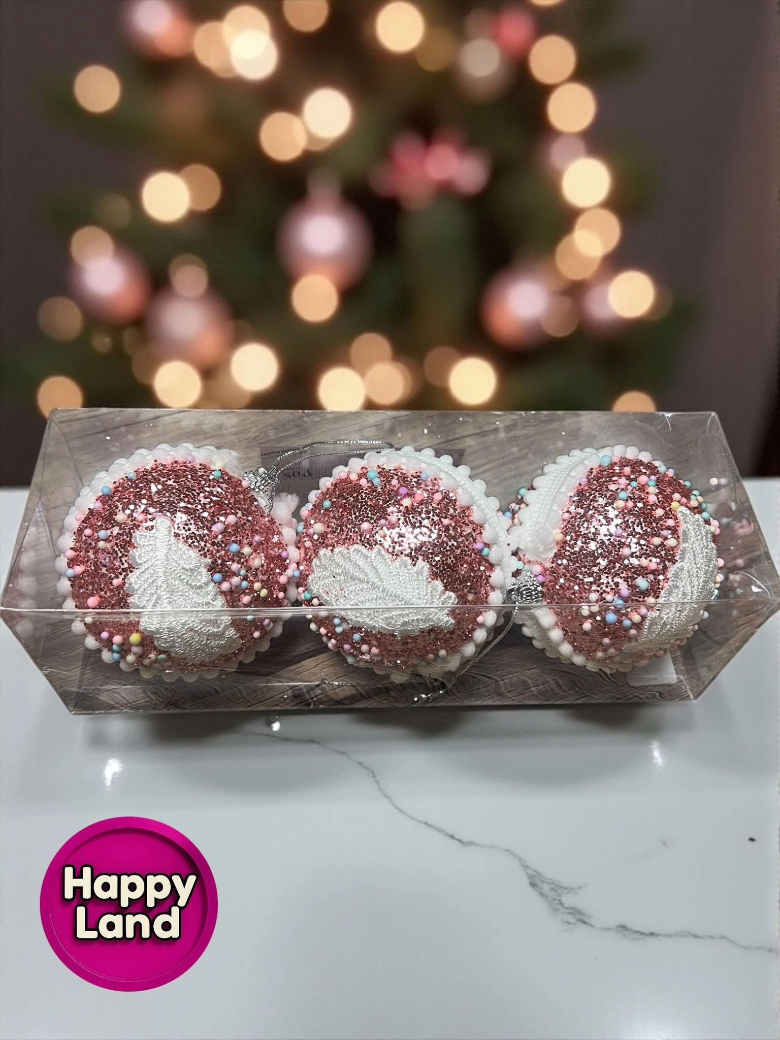 Happyland Yılbaşı Ağacı Süsü Rose Pembe Parıltılı Süslü 6 adet 8 cm Lüks Yılbaşı Topu HAPPY2025109