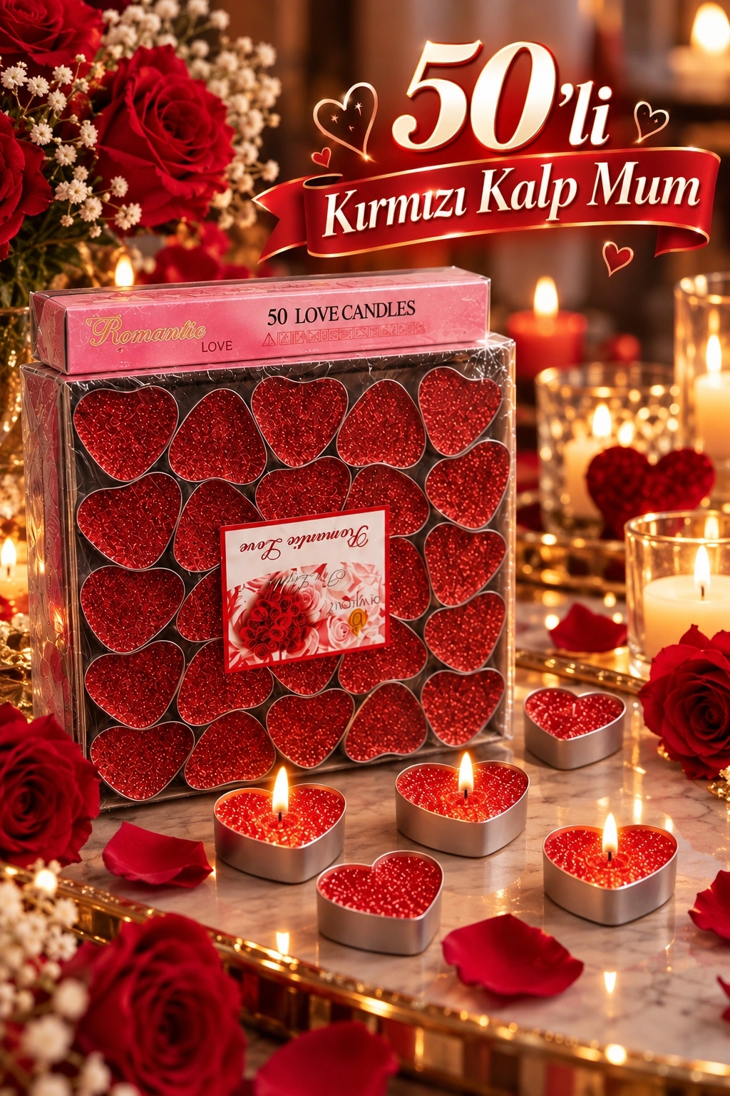 50 Adet Simli Kalpli Mum Kırmızı Tealight Mum C49 Sevgili Özel Gün Doğum Günü Evlilik Teklifi Yıl Dönümü