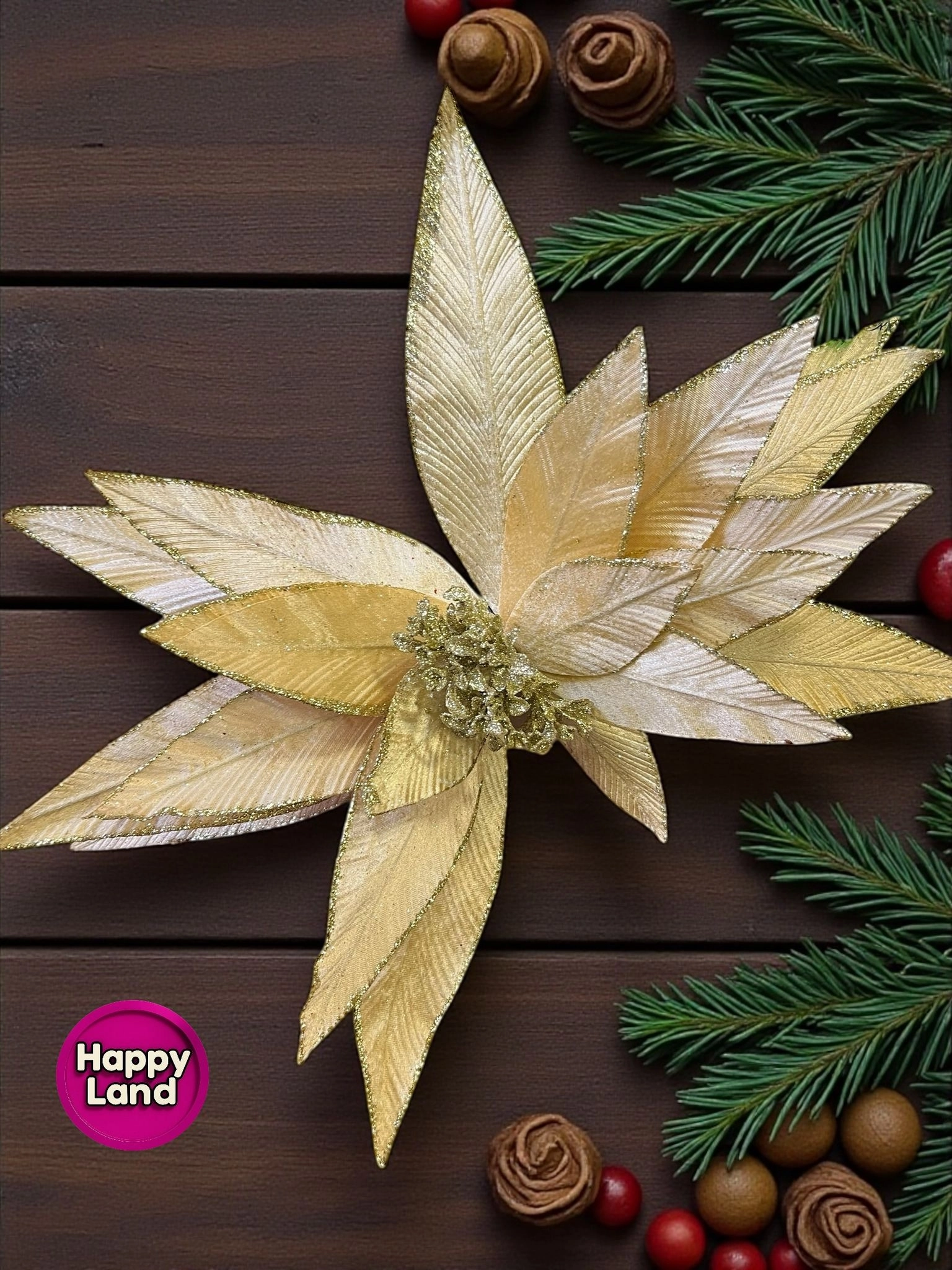 Happyland Yılbaşı Süsü Yapay Simli Papatya Ponsetya Gold 60 cm Büyük Boy Atatürk Çiçeği HPY26082