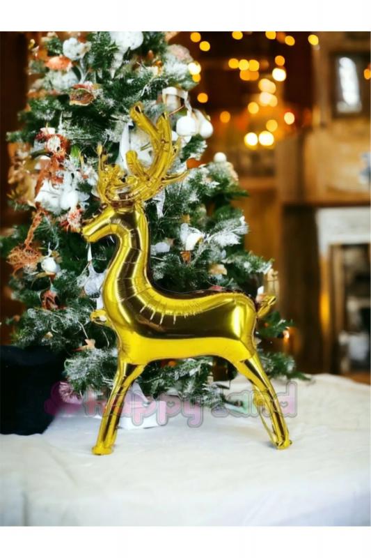 Happyland Yılbaşı Ayaklı Gold Geyik 3D Folyo Balon 81,5x50 cm Yeni Yıl Lüks Geyik Balon