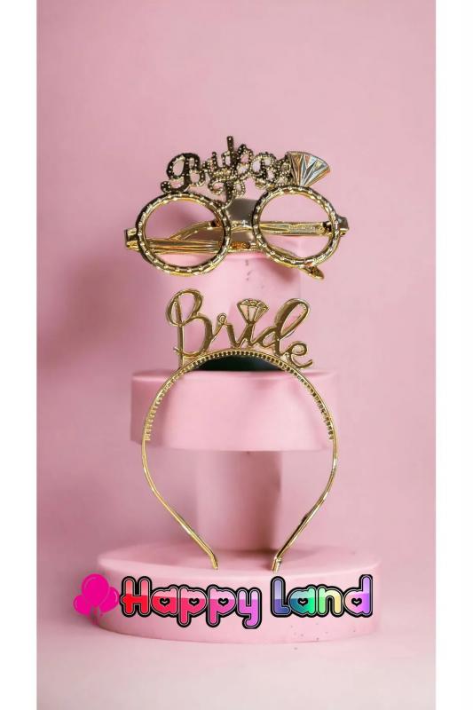 Happyland Bride Yazılı Gold Renk Gözlük Taç Seti Plastik Bekarlığa Veda Parti Tacı Gözlük Bride Set