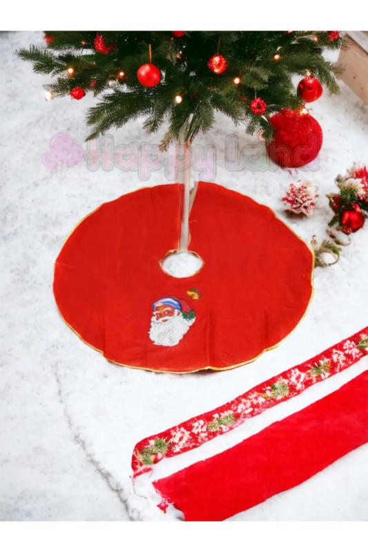 Happyland Yılbaşı Noel Baba Desenli Çam Ağacı Ağaç Altı Örtüsü Kırmızı Renk