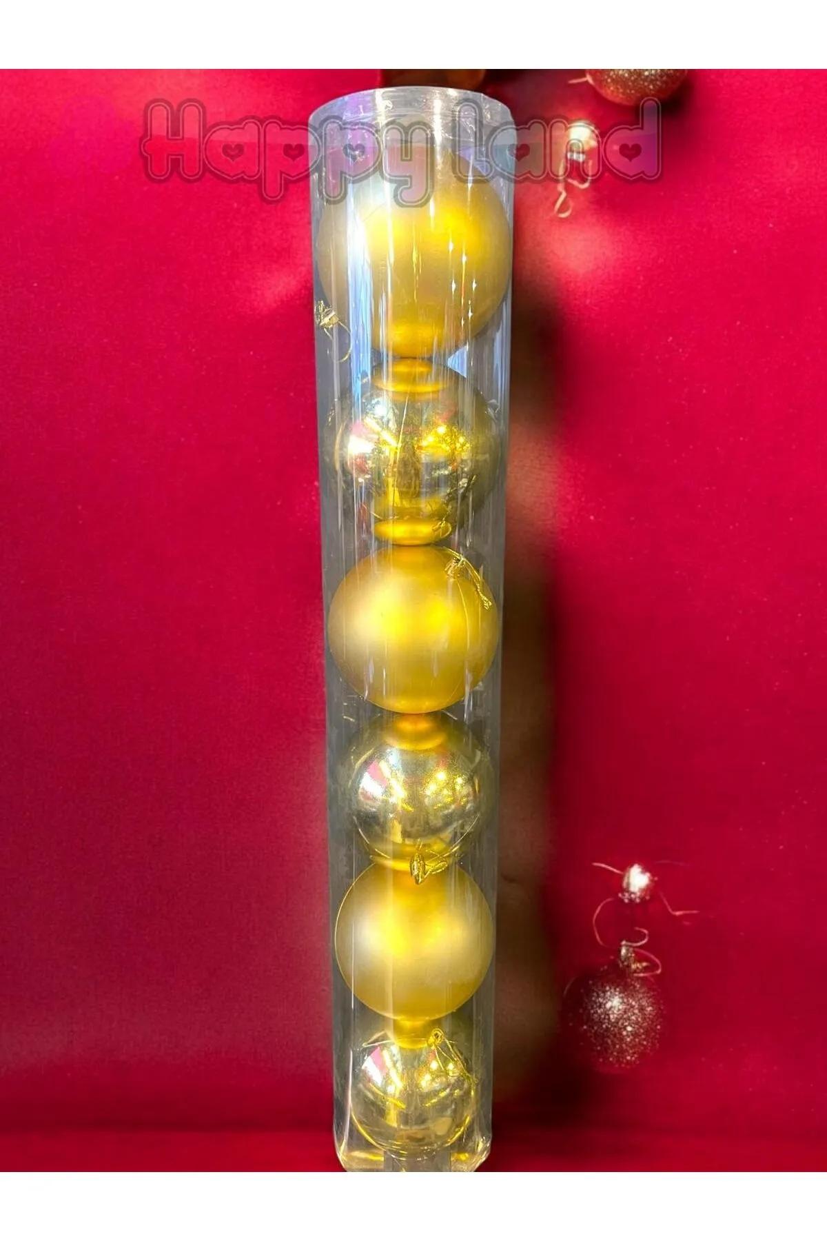 Happyland Yılbaşı Çam Ağacı Süsü 6 Adet 12 Cm Gold Renk Yılbaşı Topu Silindir Kutu Büyük Boy Yılbaşı