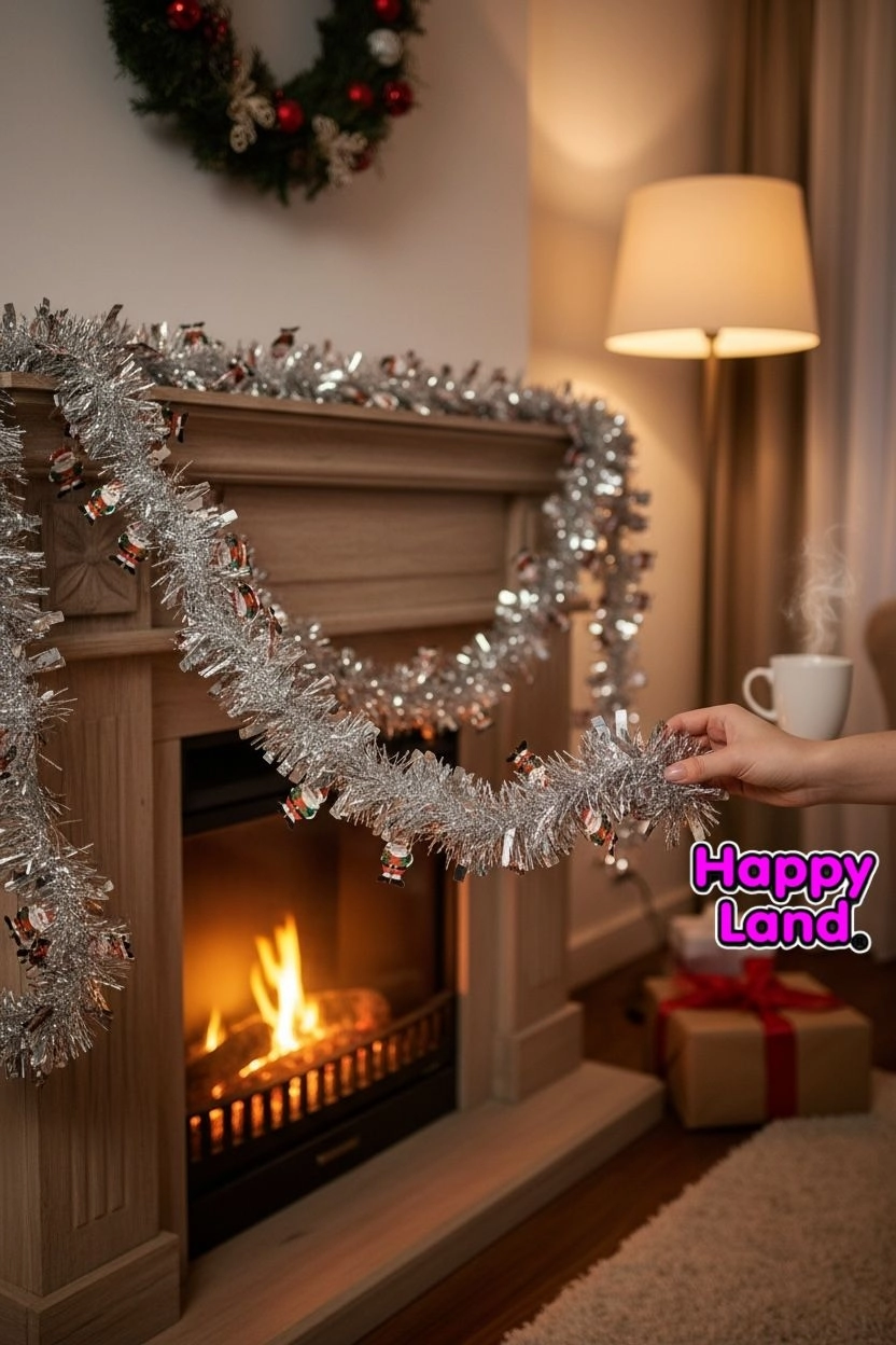 Happyland Yılbaşı Süsü Süslü Gümüş Renk Noel Babalı Model Tinsel Garland Sim 2 m Sim Süs