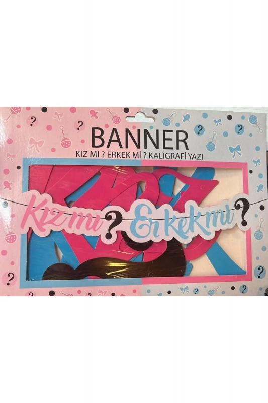 Happyland İpli İtalik Kız mı Erkek mi Yazılı Cinsiyet Partisi Cinsiyet Öğrenme Kaligrafi Banner