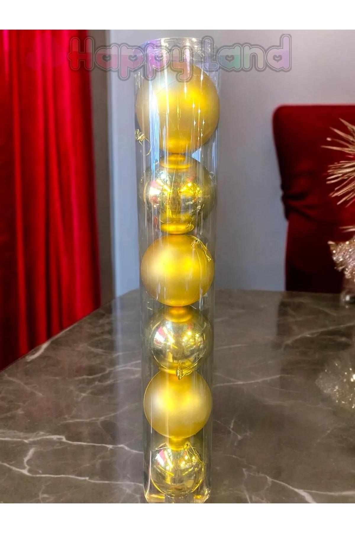 Happyland Yılbaşı Çam Ağacı Süsü 6 Adet 12 Cm Gold Renk Yılbaşı Topu Silindir Kutu Büyük Boy Yılbaşı