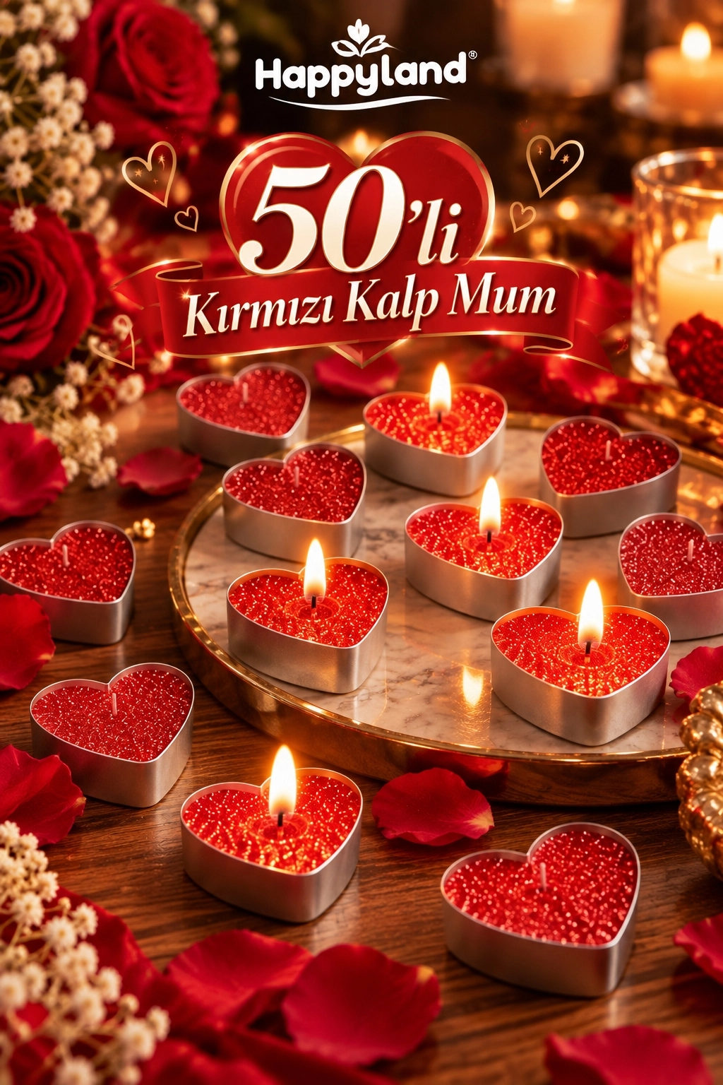 50 Adet Simli Kalpli Mum Kırmızı Tealight Mum C49 Sevgili Özel Gün Doğum Günü Evlilik Teklifi Yıl Dönümü