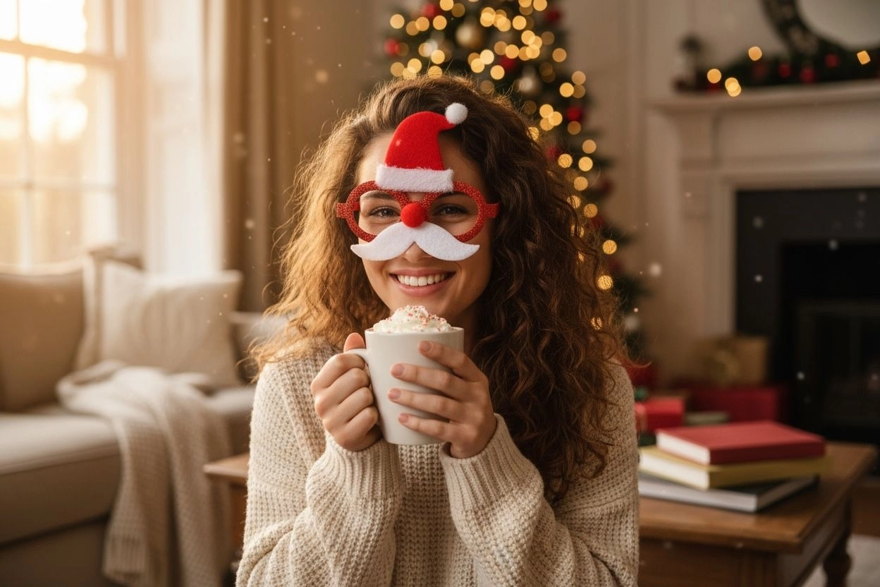   Yılbaşı Gözlüğü NoelBaba Şapkası Detaylı BıyıklıSimli Camsız YeniYıl GözlükAksesuar