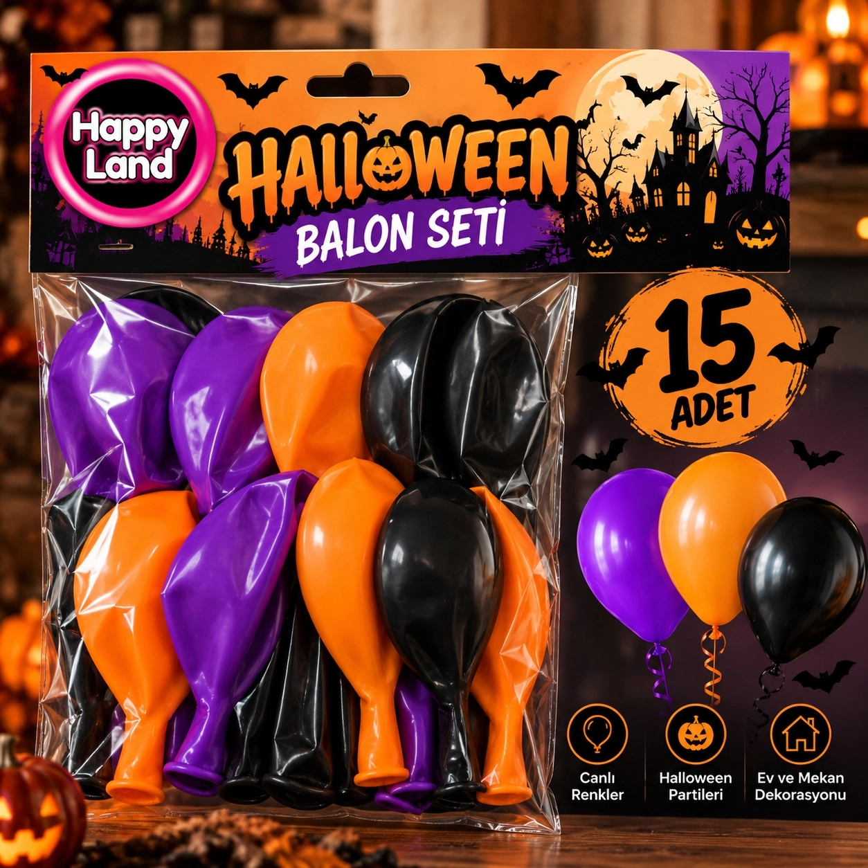 Happyland 15 Adet Halloween Cadılar Bayramı Mor, Siyah, Turuncu Parti Balonu, Halloween Parti Süsleri Balonları