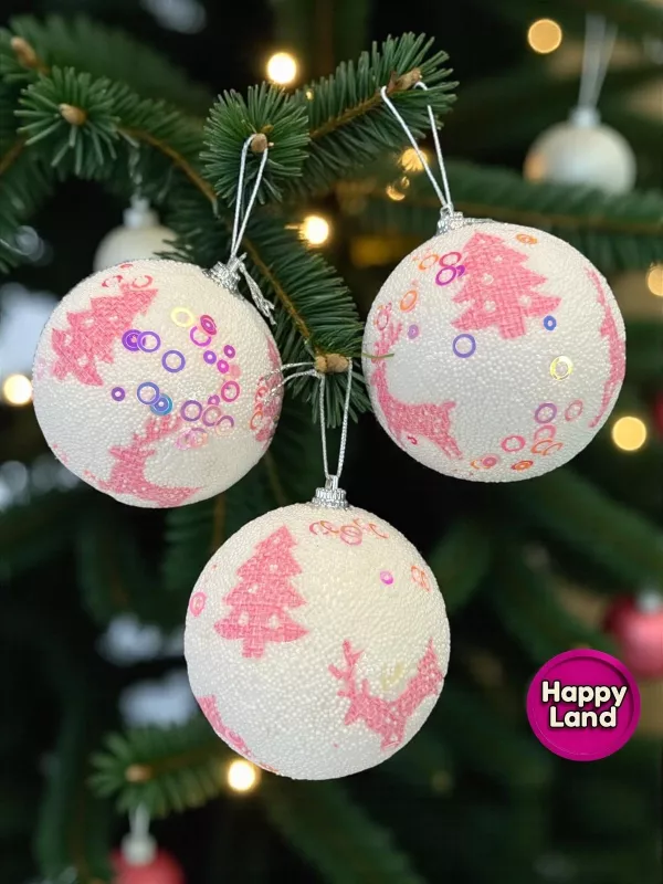 Happyland Yılbaşı Ağacı Süsü Beyaz PembeGeyik ve Ağaç Desenli 3 Adet 8cm Köpük Yılbaşı Topu HPY26055