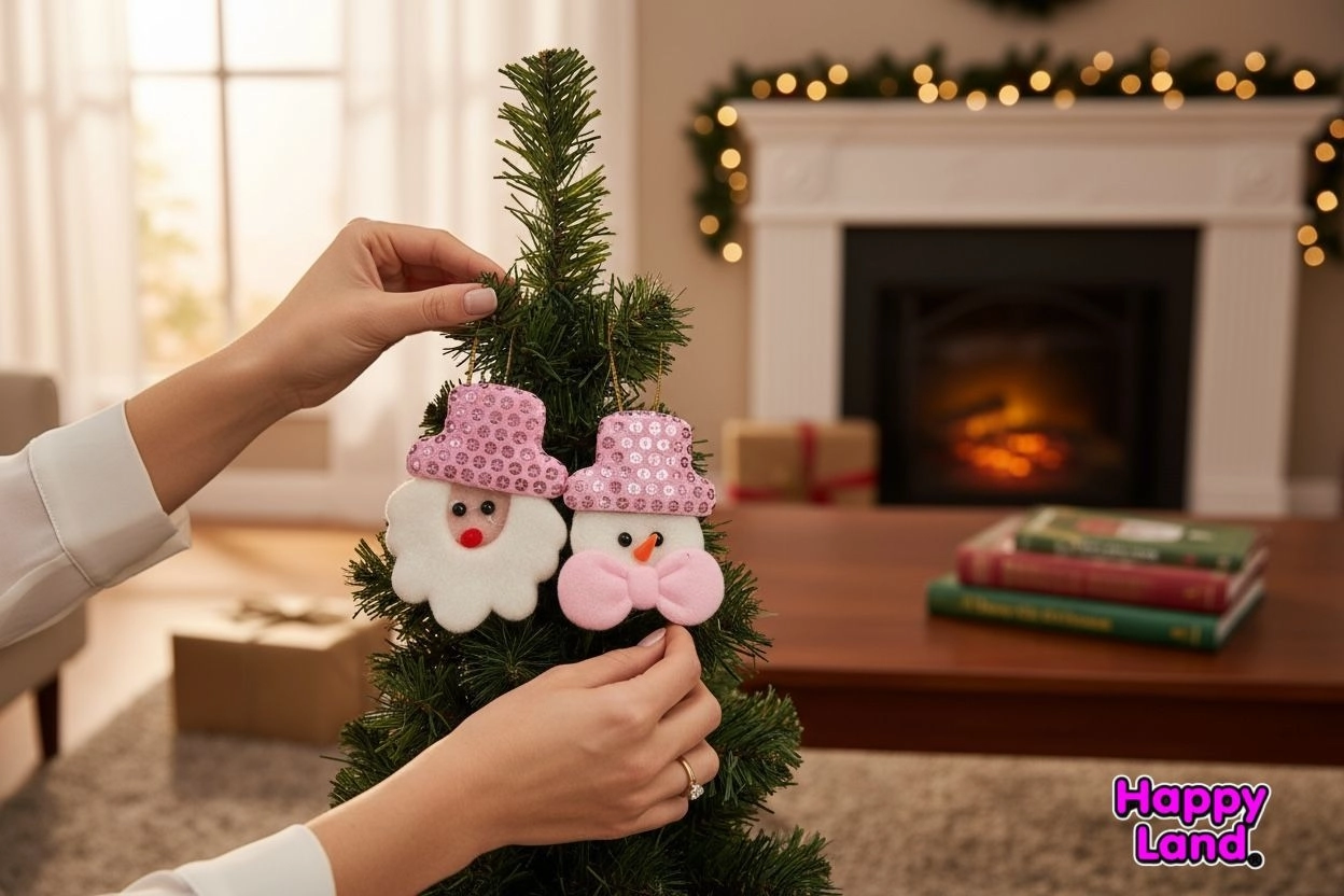 Happyland Yılbaşı Ağacı Süsü Noel Baba Kardanadam 2’li Makaron Pembe Peluş Asma Süs 10 cm HPY26046