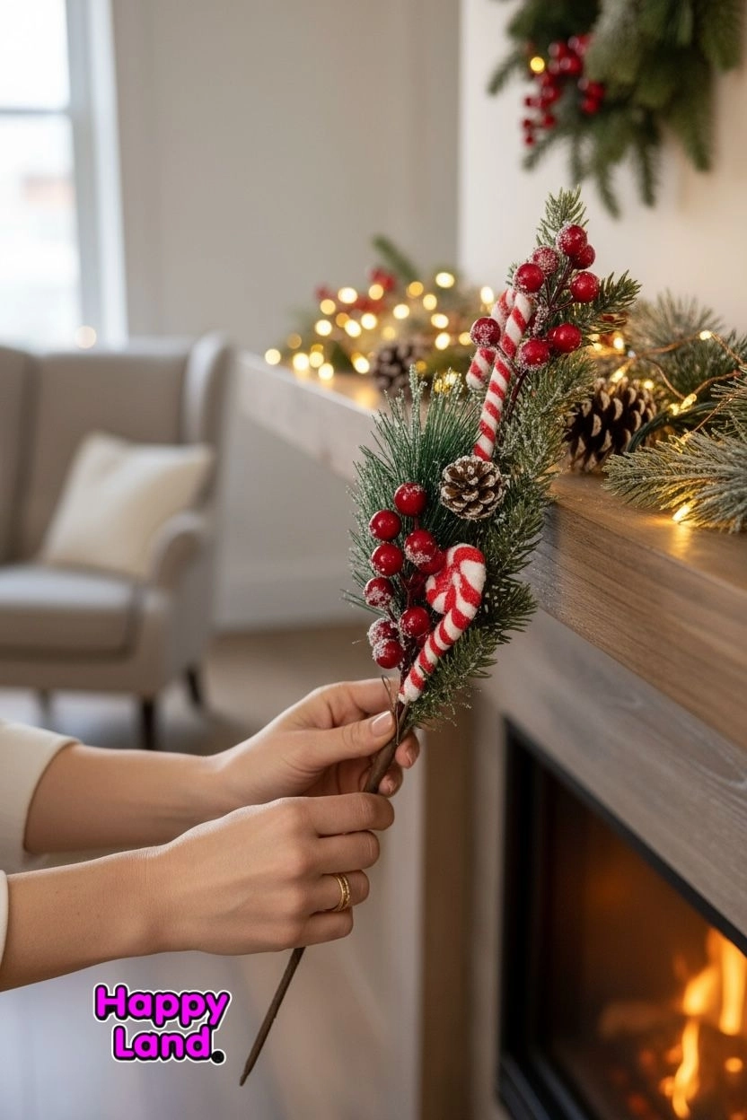 Happyland Yılbaşı Süsü 1 Adet Uzun Saplı 65 cm Karlı Baston Şekerli Kokina Berry Kiraz Dalı HPY26071