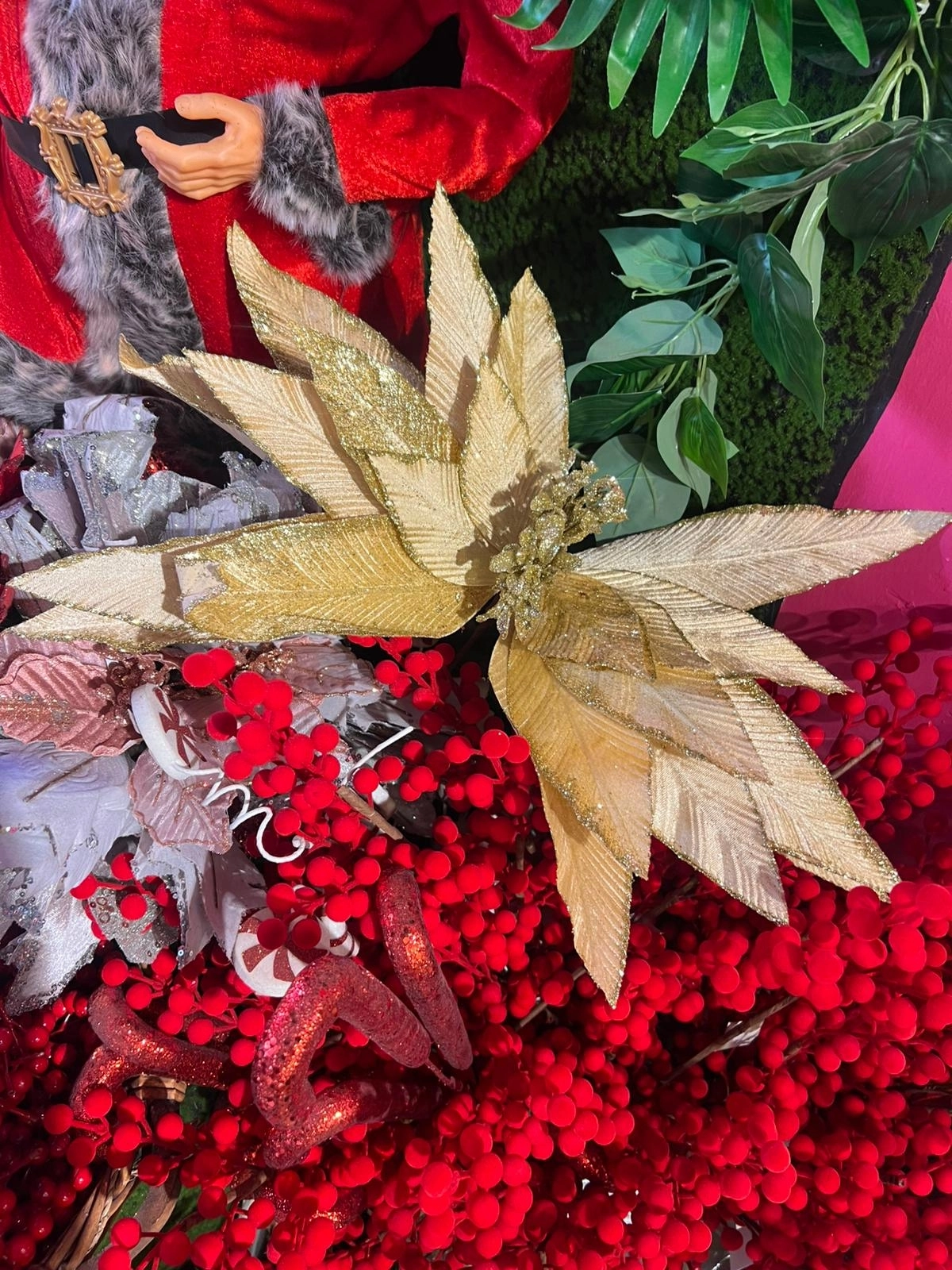 Happyland Yılbaşı Süsü Yapay Simli Papatya Ponsetya Gold 60 cm Büyük Boy Atatürk Çiçeği HPY26082