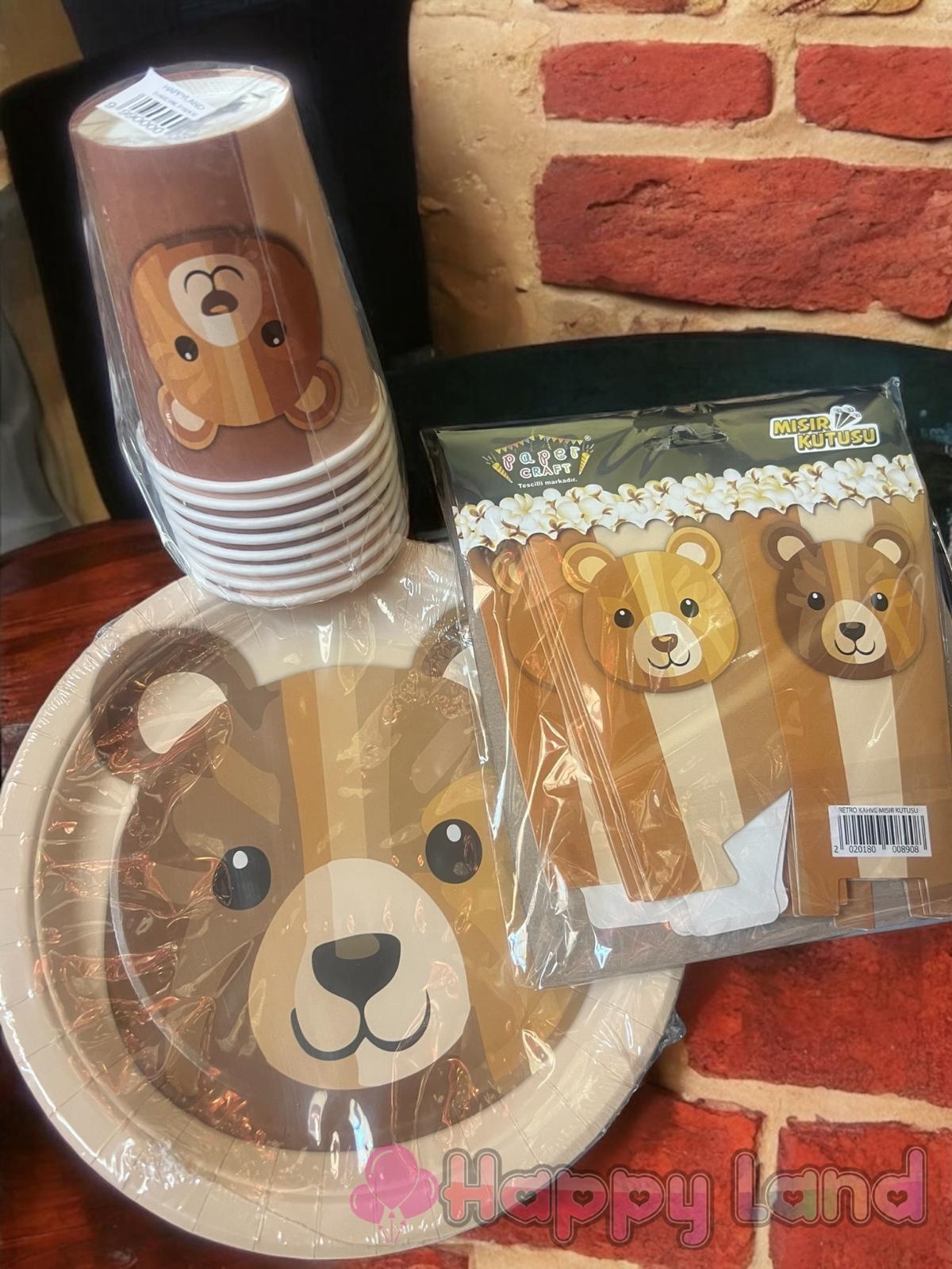 Happyland Ayıcıklı Retro ( Kahve ) Konsept Doğum Günü Baby shower Tabak Bardak Mısır Kutusu Seti