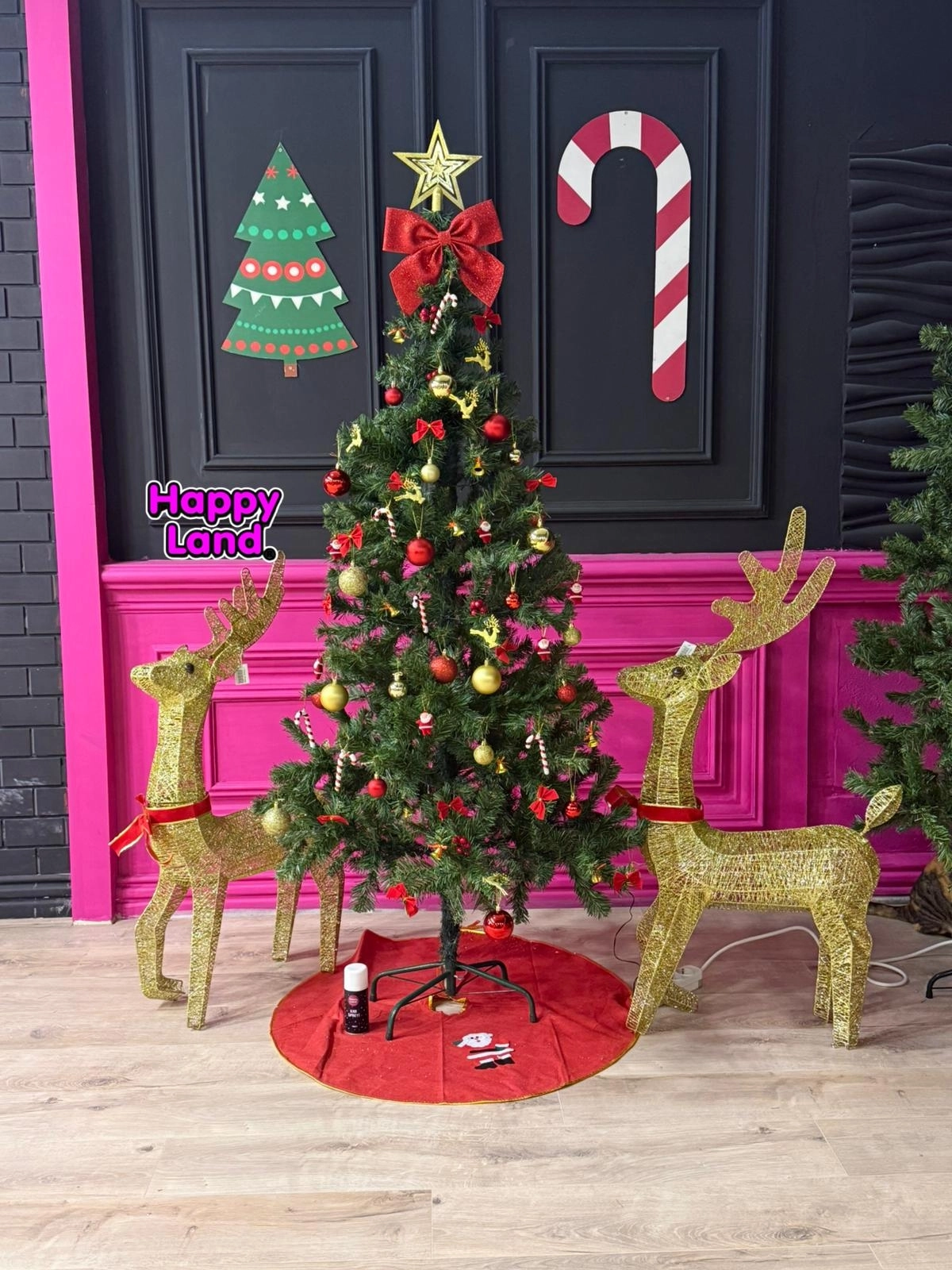 Happyland 180 Cm Yılbaşı Çam Ağacı Seti 5mSarı LedIşıklı 67’li Kırmızı Gold Yılbaşı Seti , KarSpreyi