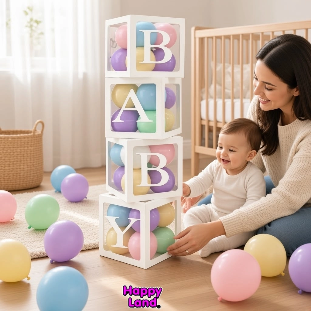 Happyland Baby Kutu Set 4 Adet  Beyaz Balon Kutusu Şeffaf Baby Kutu One Baby Boy Girl Yazılı Balon Kutuları |Baby Balon Kutu