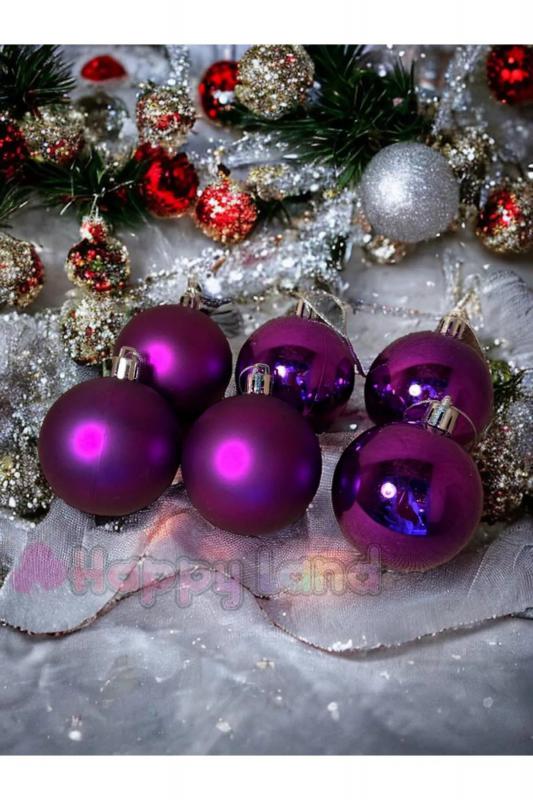 Happyland Yılbaşı Çam Ağacı Süsü Mor Renk Parlak Mat 6 Adet 6 cm Asetat KutuluModel Yılbaşı Topu