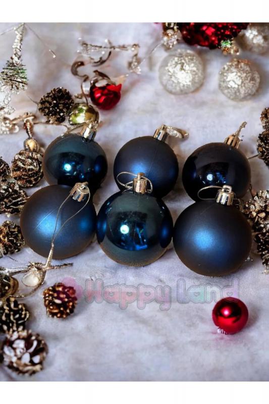 Happyland Yılbaşı Çam Ağacı Süsü Gece Mavisi Renk Parlak Mat 6 Adet 6 cm Asetat Kutulu Model 