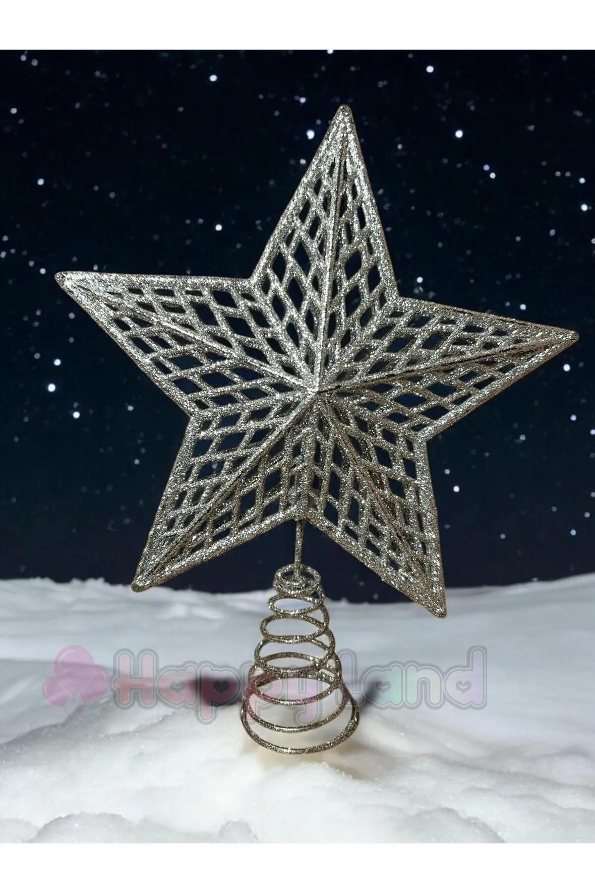 Happyland Yılbaşı Çam Ağacı Süsü Gümüş Renk Yaylı Model Tepe Yıldızı 25 cm Tepelik