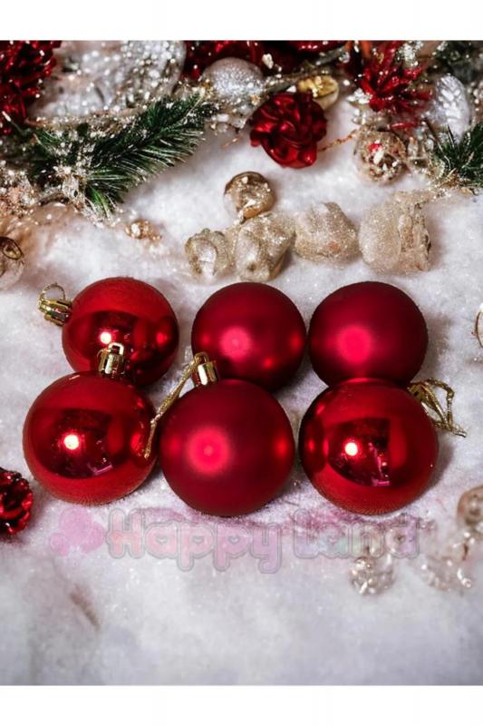 Happyland Yılbaşı Çam Ağacı Süsü Kırmızı Parlak Mat 6 Adet 6 cm Asetat Kutulu Model Yılbaşı Topu