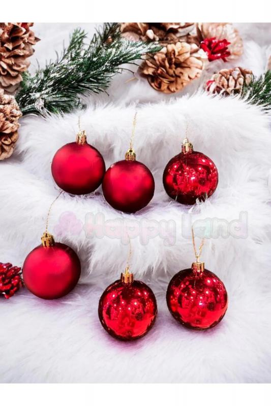 Happyland Yılbaşı Çam Ağacı Süsü Kırmızı Parlak Mat 6 Adet 6 cm Asetat Kutulu Model Yılbaşı Topu