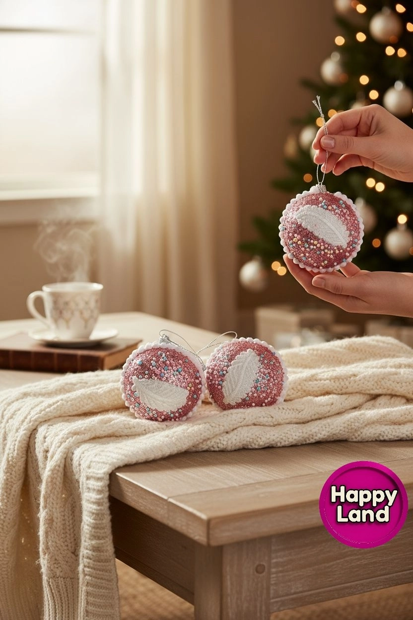 Happyland Yılbaşı Ağacı Süsü Rose Pembe Parıltılı Süslü 6 adet 8 cm Lüks Yılbaşı Topu HAPPY2025109