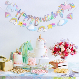 Happyland Unicorn Tek Boynuzlu At Dekoratif Banner Pembe İpli Dekor Banner Unicorn