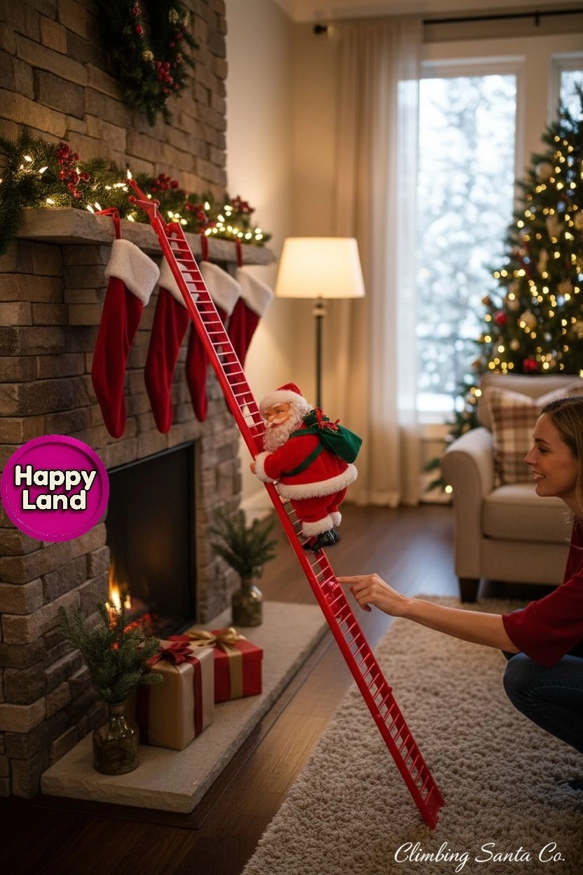 Happyland Yılbaşı Süsü Uzun Merdivene Tırmanan Noel Baba Hareketli Pilli 70 cm HAPPY20251D