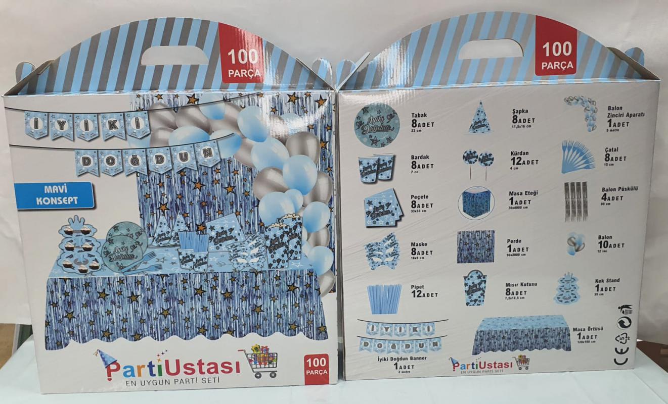 PARTİUSTASI HAPPYLAND 100 PARÇA PARTİ SETİ MAVİ KONSEPT