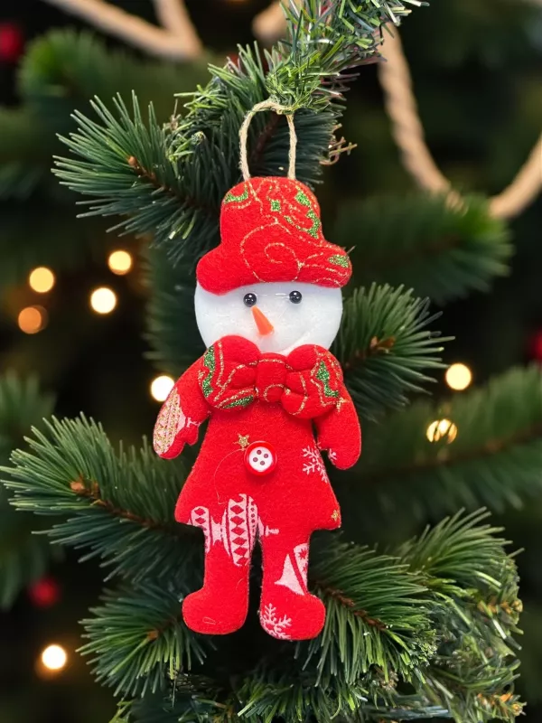 Happyland Yılbaşı Çam Ağacı Süsü Kardanadam Peluş Kırmızı Papyonlu Model Asma Süs 17 cm Noel Dekor